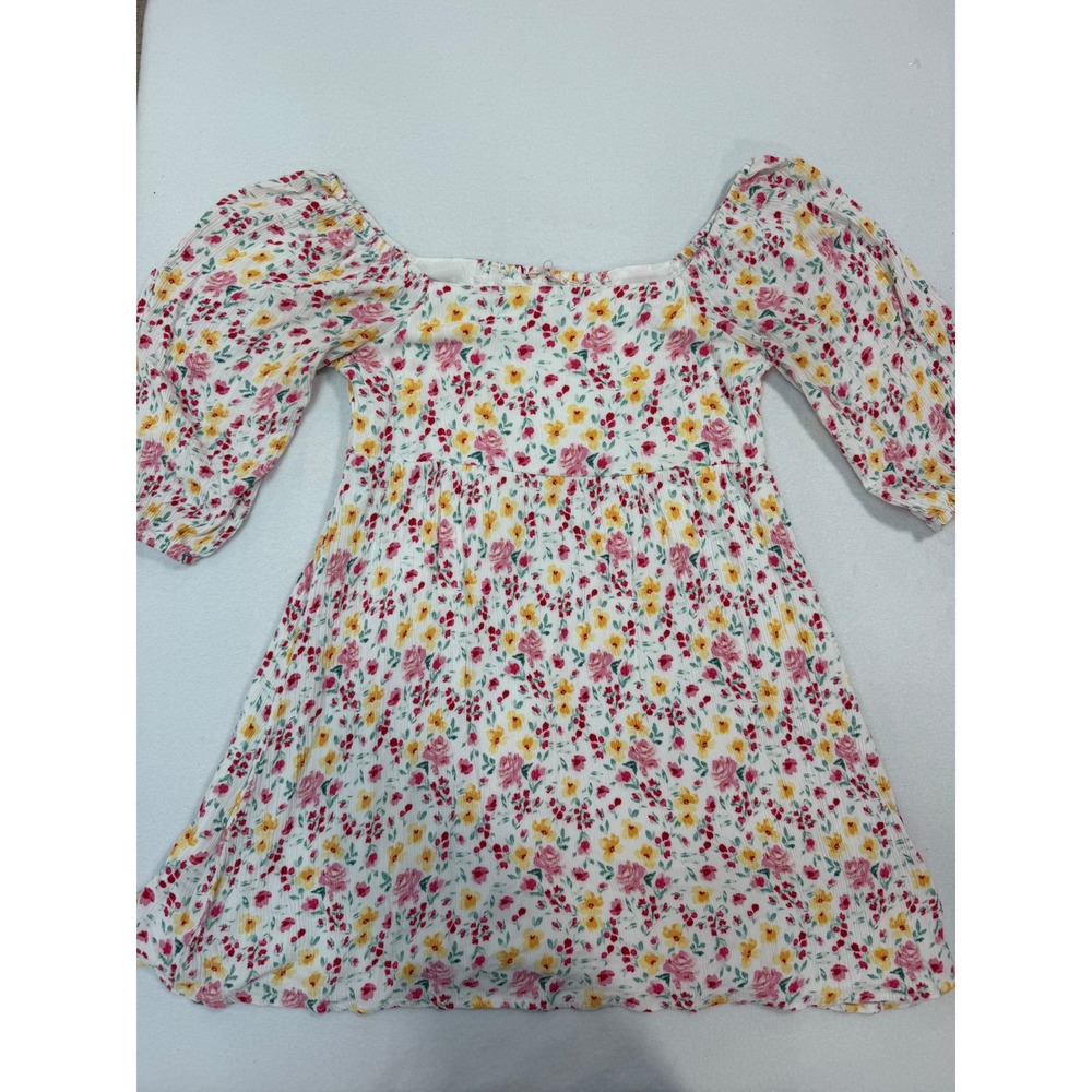 Mi Ami Floral Mini Dress XS White Pink Yellow Puff Sleeve Square Neck WS50768